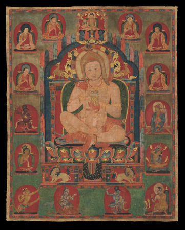 Toile premium imprimée fine art fabriquée en France ou affiche encadrée. Portrait de Jnanatapa assisté par des lamas et des mahasiddhas...