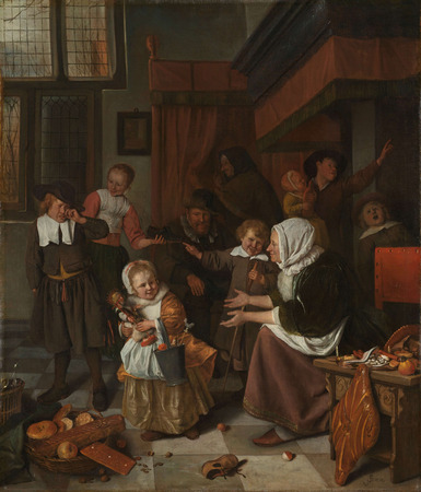 Toile imprimée en France ou poster fine art encadré. La fête de la Saint-Nicolas. Intérieur dans lequel une famille célèbre la fête de Saint Nicolas...