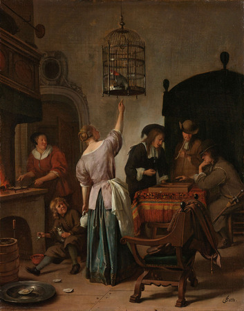 Impression d'affiche encadrée ou toile fine art made in France. Intérieur avec une femme nourrissant un perroquet, connu sous le nom de "Cage de perroquet"...