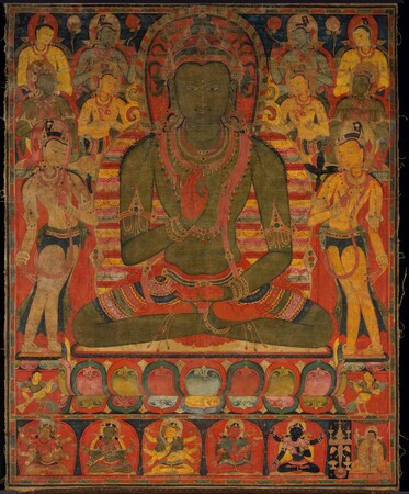 Affiche encadrée premium fabriquée en France fine art ou toile d’art. Bouddha Amoghasiddhi avec huit bodhisattvas...