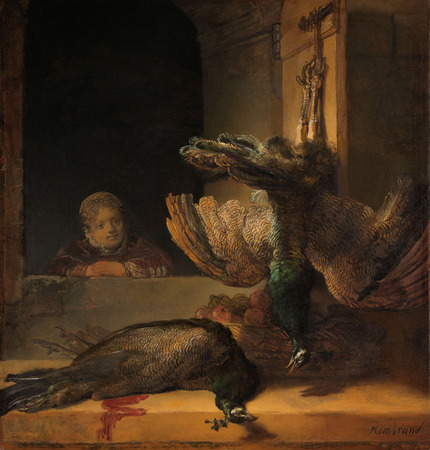 Poster encadré ou impression sur toile réalisée en France. Nature morte aux paons...