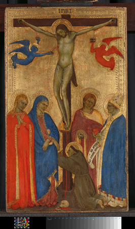 Tirage made in France sur toile ou affiche encadrée. La crucifixion. Christ en croix. Sous la croix à gauche se trouvent Sainte Marie Madeleine et Marie...