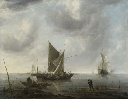 Poster fine art made in France ou toile imprimée. Navires à l'ancre sur une mer calme. Navires au mouillage sur une mer calme...