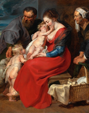 Toile premium fine art fabriquée en France ou affiche encadrée. La Sainte Famille avec les saints Elisabeth et Jean-Baptiste...