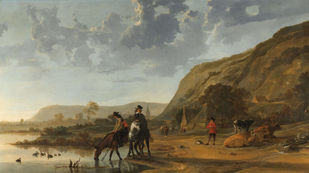 Affiche encadrée premium ou toile fine art made in France. Paysage fluvial avec cavaliers...
