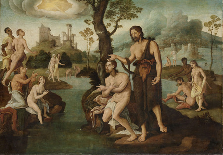 Affiche encadrée made in France ou toile fine art imprimée. Le baptême du Christ. Le baptême du Christ. Jean-Baptiste baptise le Christ agenouillé dans le Jourdain...