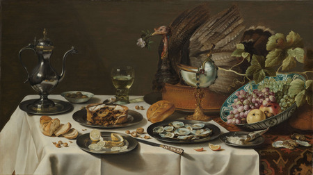 Impression française sur toile ou affiche encadrée. Nature morte avec une tarte à la dinde. Nature morte à la tourte à la dinde...