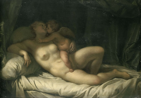 Affiche encadrée en France ou toile fine art imprimée. Amour Embrasser Vénus. Vénus embrassée par Amor. Vénus est allongée nue sur un lit...