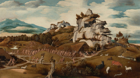 Impression française sur toile fine art ou poster encadré. Paysage avec un épisode de la conquête de l'Amérique...