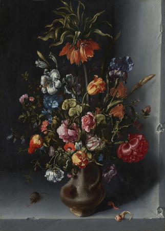 Toile d’art made in France imprimée ou affiche encadrée. Nature morte aux fleurs avec une couronne impériale dans une niche en pierre...