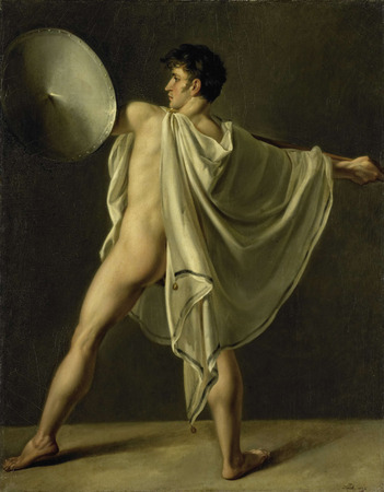 Poster encadré made in France ou toile fine art. Guerrier avec lance et bouclier. Guerrier avec lance et bouclier. Demi-nue avec une cape sur l'épaule, vue de dos...