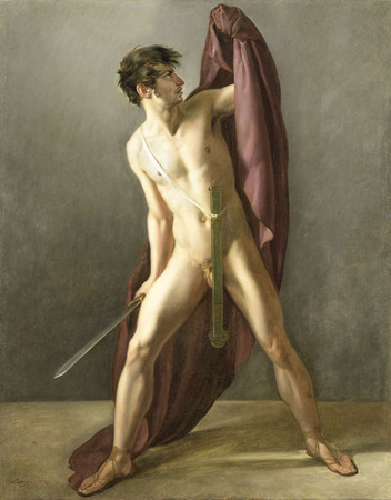 Toile made in France imprimée fine art ou affiche encadrée. Guerrier avec épée tirée. Guerrier avec épée dégainée. Nue avec une cape au bras, vue de face...