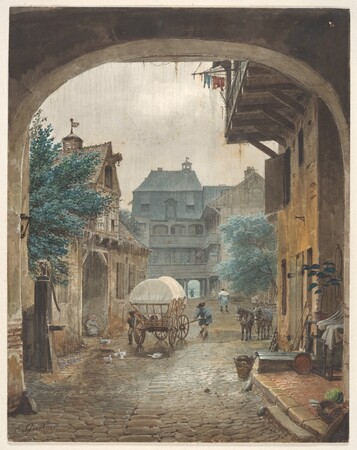 Tirage sur toile ou affiche encadrée fabrication française. Vue dans la cour d'une auberge à Colmar...