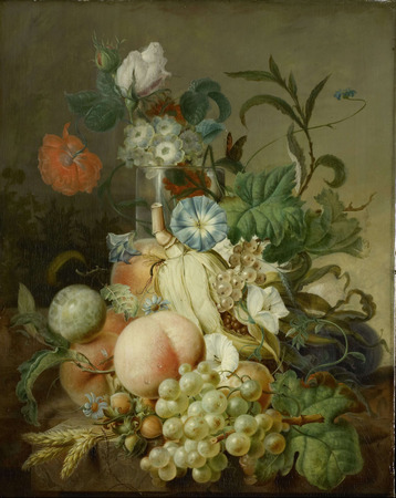 Affiche encadrée fine art ou toile imprimée made in France. Nature morte aux fleurs et aux fruits. Nature morte aux fleurs et aux fruits...