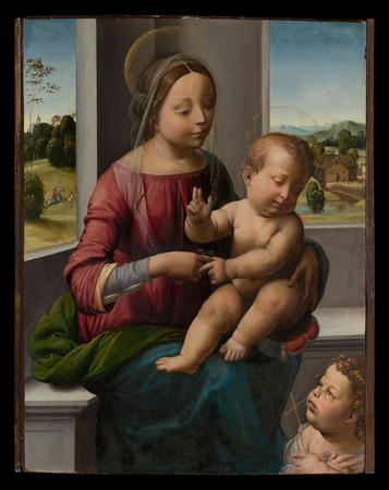 Impression d'affiche encadrée ou toile fine art made in France. Vierge à l'enfant avec le jeune saint Jean-Baptiste. Ce tableau de Fra Bartolomeo est une