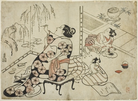 Toile imprimée fine art ou affiche encadrée made in France. Courtisane peignant un écran, d'une série de 12 gravures érotiques...
