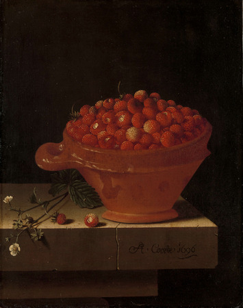Poster fine art made in France ou toile imprimée de qualité. Un bol de fraises sur un socle en pierre...