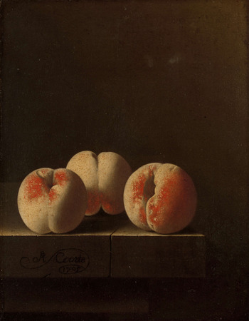 Toile imprimée en France de qualité fine art ou affiche encadrée. Trois pêches sur un socle en pierre. Trois pêches sur un socle en pierre devant un fond sombre...