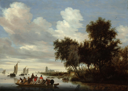 Impression d’art made in France ou affiche encadrée premium. Paysage fluvial avec ferry...