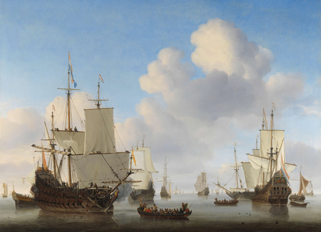 Affiche encadrée haut de gamme fabriquée en France ou toile d’art. Navires hollandais dans une mer calme. Six navires de guerre reposent sur une mer large et calme...
