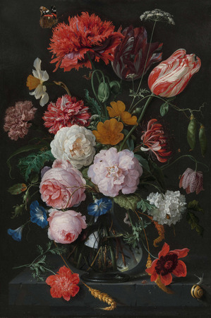 Poster fine art imprimé en France ou toile d’art encadrée. Nature morte aux fleurs dans un vase en verre. Nature morte aux fleurs dans un vase en verre sur un plateau en pierre...