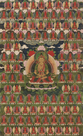 Impression premium made in France sur toile ou affiche encadrée. Bannière peinte (Thangka) du Bouddha Amitayus entouré de cent bouddhas...