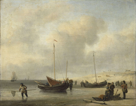 Impression fine art française de qualité sur toile ou poster encadré. Bateaux de pêche sur le rivage (Le rivage, déchargement d'un smack de pêche)...