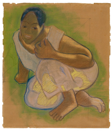 Affiche encadrée 100% française ou toile fine art imprimée. Tahitienne accroupie (liée au tableau Nafea faa ipoipo [Quand vous marierez-vous ?])...