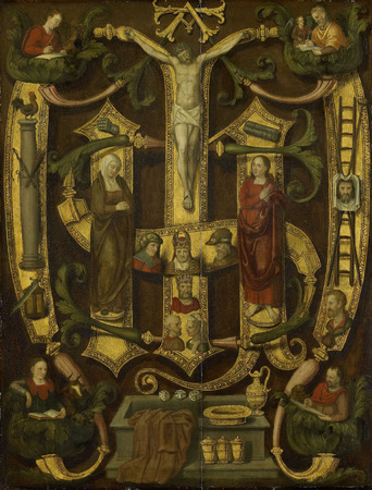 Tirage fine art sur toile premium made in France ou affiche encadrée. Monogramme du Christ combiné avec les instruments de la passion. L'Arma Christi...