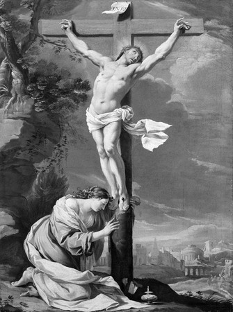 Poster made in France ou toile fine art encadrée. Le Christ en croix avec Marie-Madeleine...
