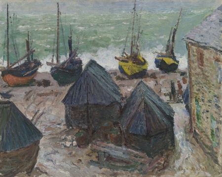 Poster encadré en France ou impression d’art sur toile. Bateaux sur la plage d'Étretat. Durant l’automne 1885, Monet se rend en Normandie...