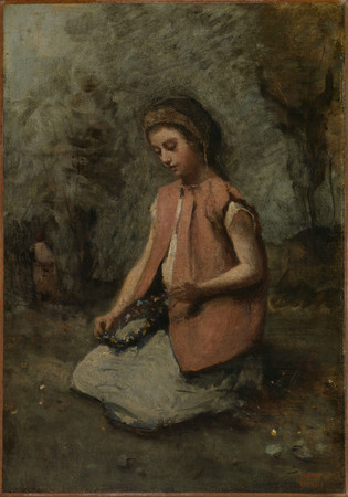 Impression d’art en France sur toile ou poster encadré. Fille tissant une guirlande. Corot a peint plusieurs versions (quatre) de ce portrait...