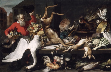 Poster fine art imprimé en France ou toile d’art encadrée. Nature morte au gibier mort, fruits et légumes dans un marché...