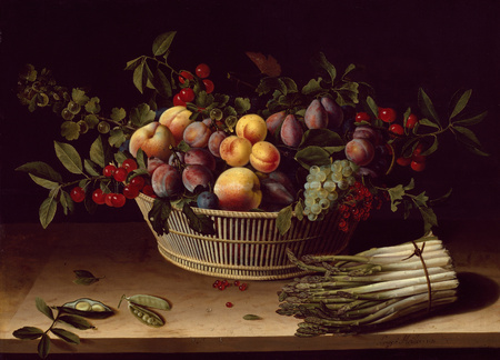 Impression haut de gamme française sur toile ou poster encadré. Nature morte avec une corbeille de fruits et une botte d'asperges...