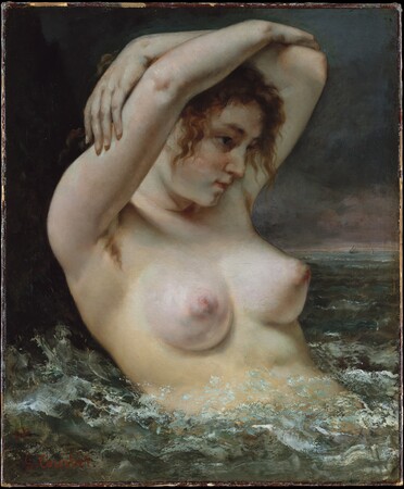 Impression sur toile ou poster encadré origine France. La femme dans les vagues. Entre 1864 et 1868, Courbet entreprend une série de peintures de nu féminin...