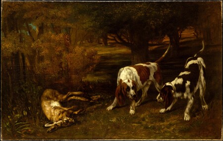 Affiche encadrée haut de gamme fabriquée en France ou toile d’art. Chiens de chasse avec lièvre mort...
