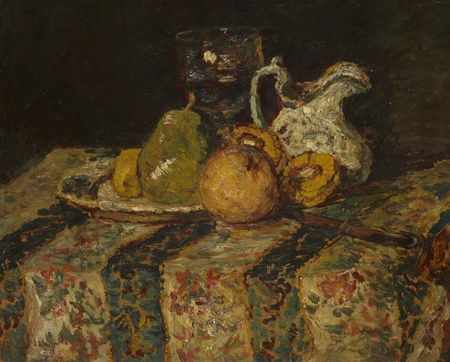 Affiche fine art encadrée fabriquée en France ou toile imprimée premium. Nature morte aux fruits et pichet à vin...