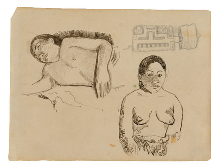 Poster premium made in France encadré ou toile fine art imprimée. Deux femmes tahitiennes et un bouchon d'oreille marquisien...