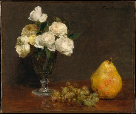 Affiche encadrée de qualité en France ou toile d’art premium. Nature morte aux roses et aux fruits...