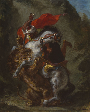 Poster fine art premium fabriqué en France ou toile haut de gamme. Cavalier arabe attaqué par un lion...