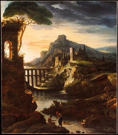 Toile premium imprimée fine art en France ou affiche encadrée. Soirée : Paysage avec un aqueduc...