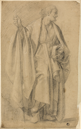 Poster premium en France fine art ou toile d’art imprimée. Figure masculine drapée debout, tenant un bâton...