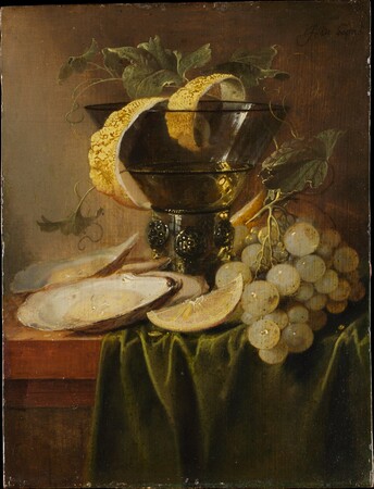 Poster premium fine art fabriqué en France ou toile d’art haut de gamme. Nature morte au verre et aux huîtres...