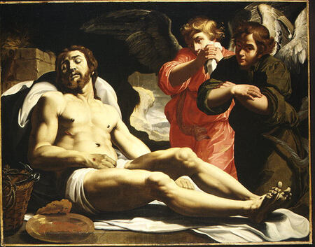 Toile premium imprimée fine art fabriquée en France ou affiche encadrée. Le Christ mort au tombeau avec deux anges...