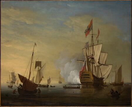 Toile fine art premium made in France imprimée ou affiche encadrée. Scène de port : un navire anglais avec des voiles desserrées tirant une arme à feu...