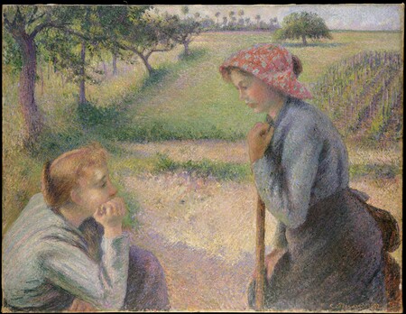 Affiche encadrée made in France ou toile d’art imprimée. Deux jeunes femmes paysannes...