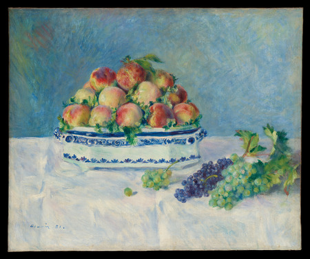 Impression sur toile ou affiche encadrée d'art made in France. Nature morte aux pêches et raisins...