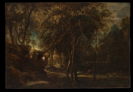 Toile d’art française imprimée ou affiche encadrée. Une forêt à l'aube avec une chasse au cerf...