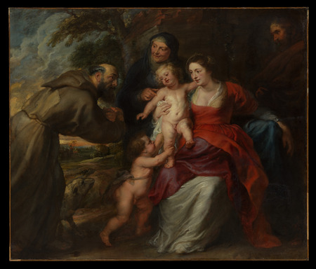 Poster encadré fine art fabriqué en France ou toile imprimée. La Sainte Famille avec les saints François et Anne et l'enfant saint Jean-Baptiste...