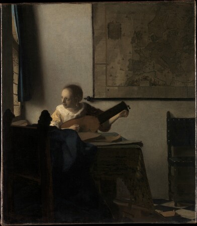 Affiche encadrée premium en France ou toile d’art imprimée. Jeune femme au luth. Dans ce tableau de Vermeer, une jeune femme regarde par la fenêtre en accordant son luth...